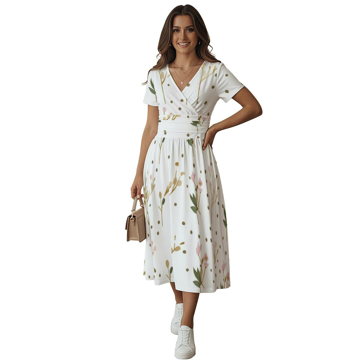 Women's Short Sleeve V Neck Midi Dress