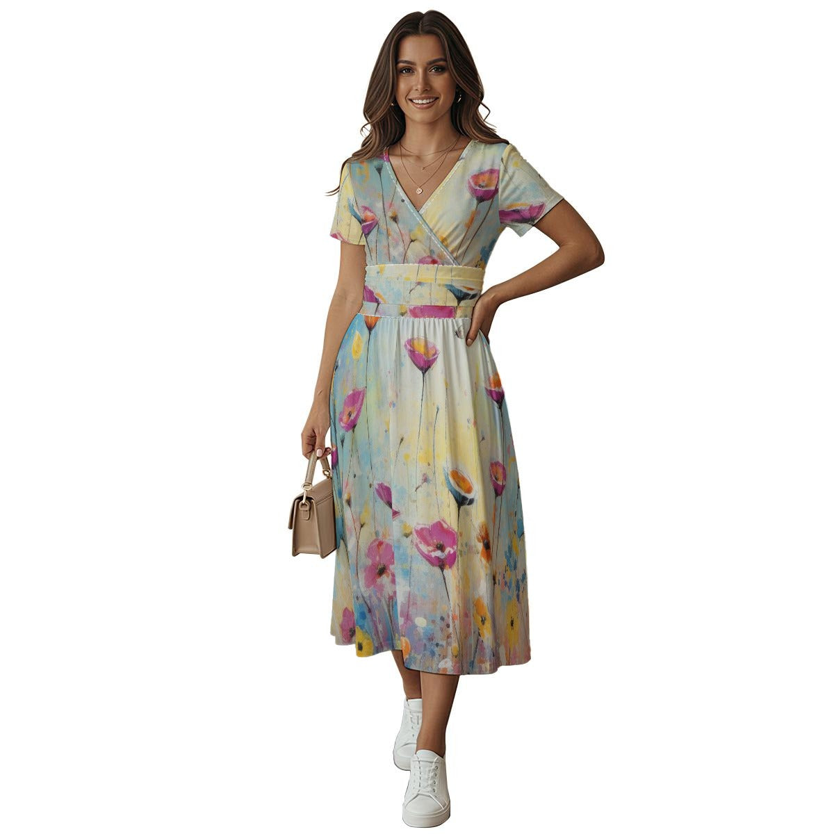 Women's Short Sleeve V Neck Midi Dress