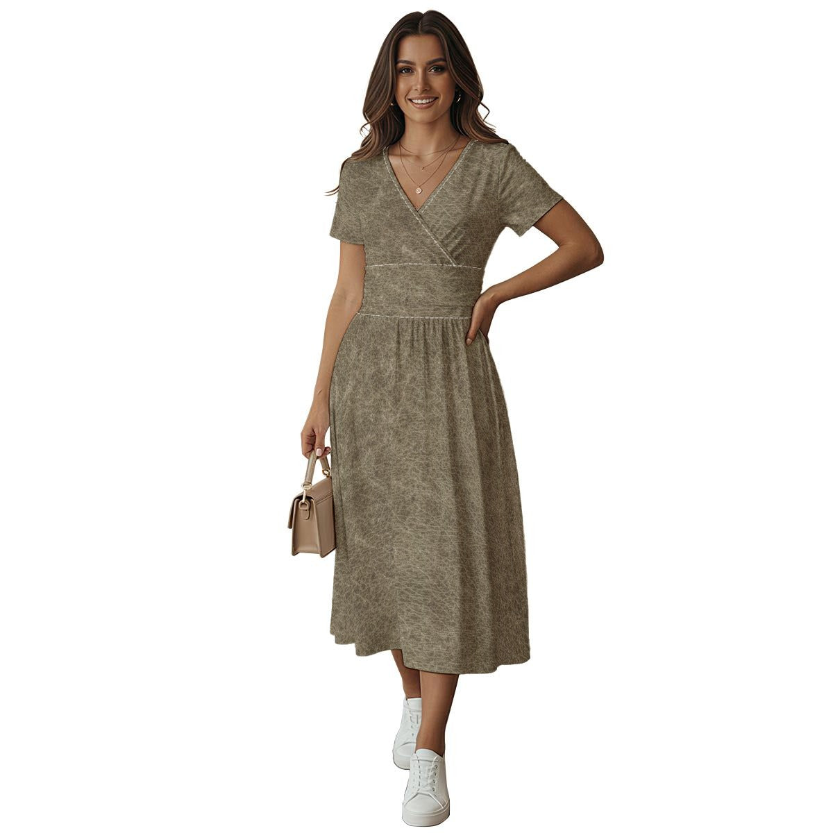 Women's Short Sleeve V Neck Midi Dress