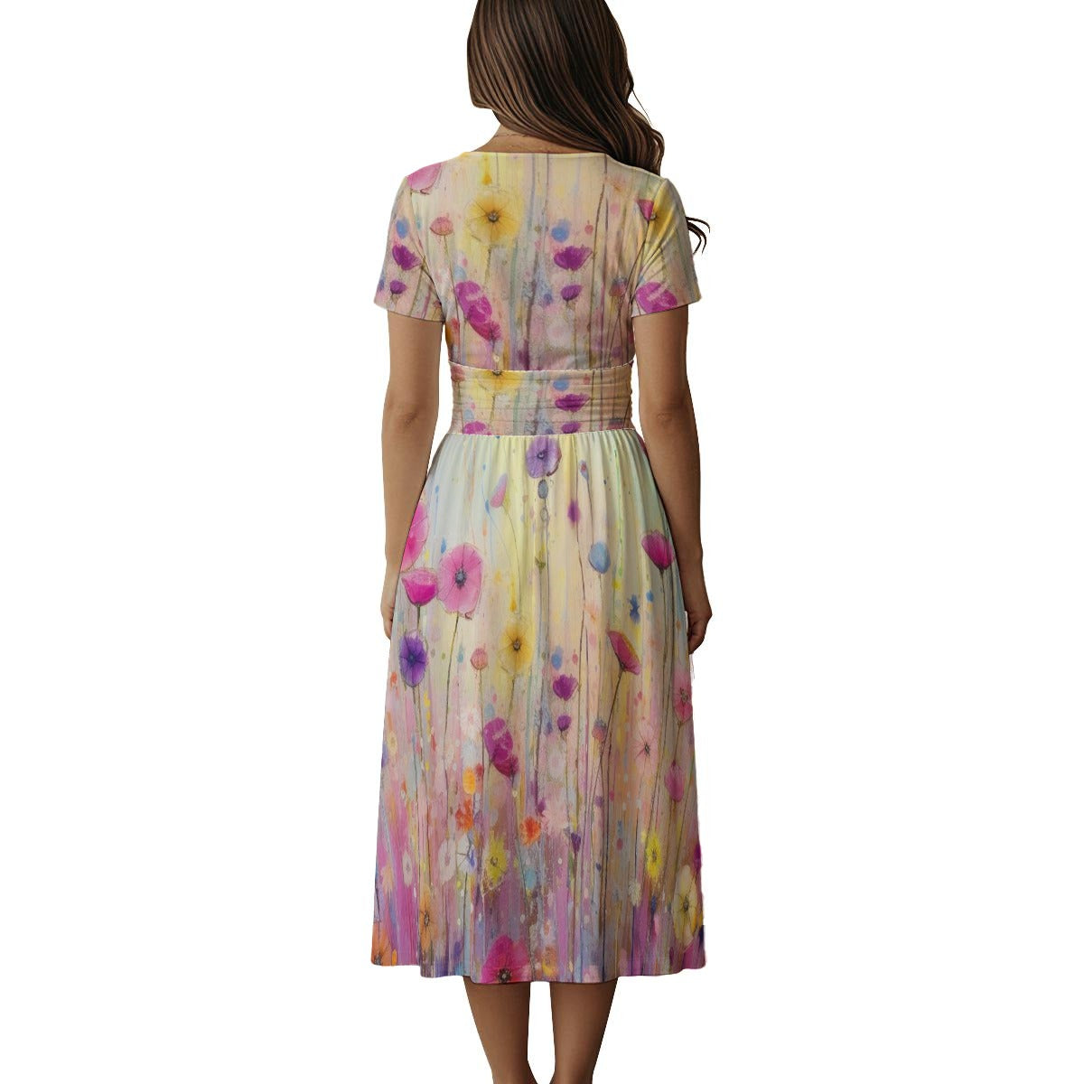 Women's Short Sleeve V Neck Midi Dress