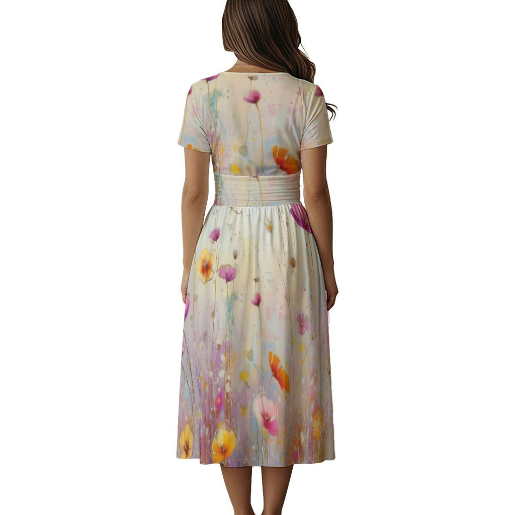 Women's Short Sleeve V Neck Midi Dress