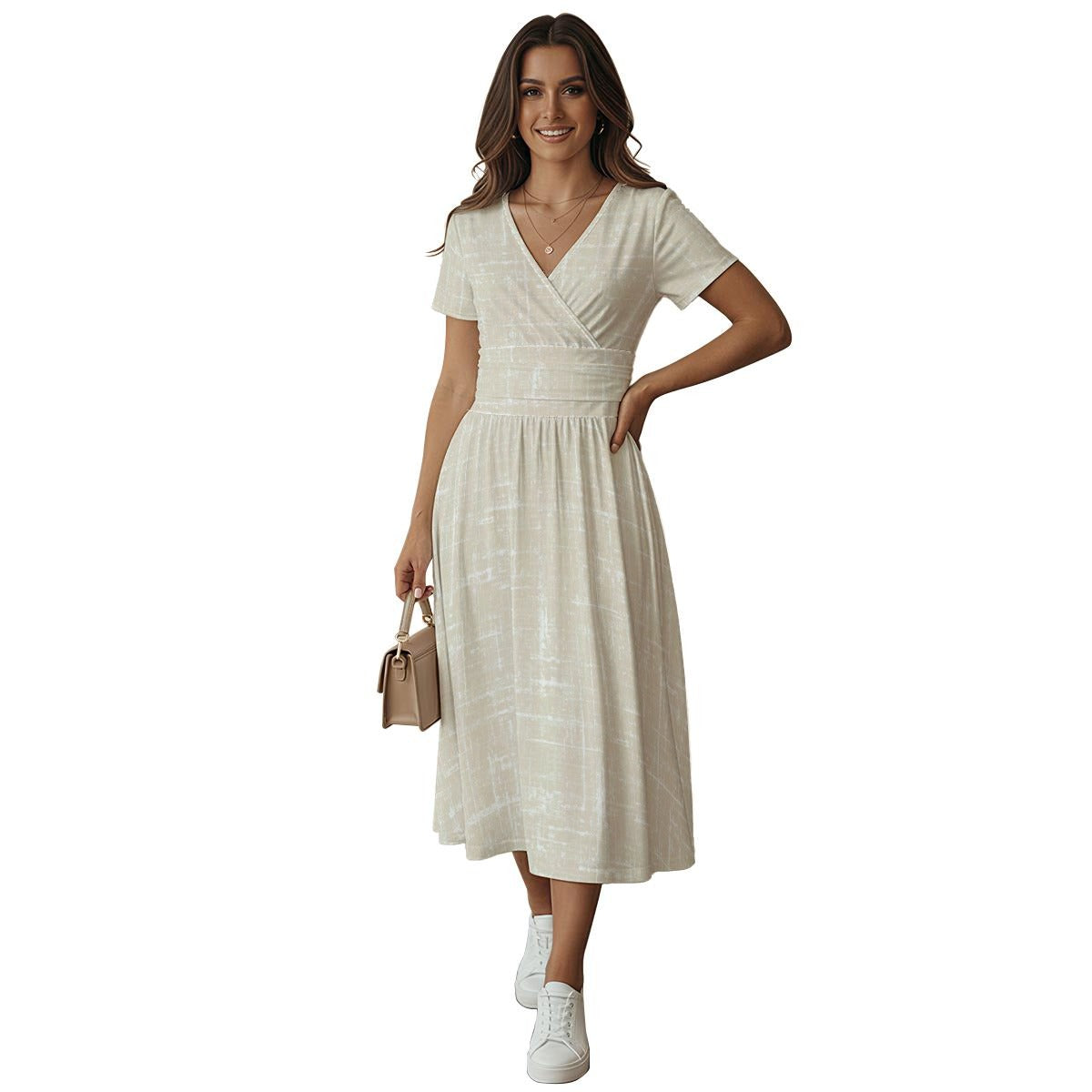 Women's Short Sleeve V Neck Midi Dress