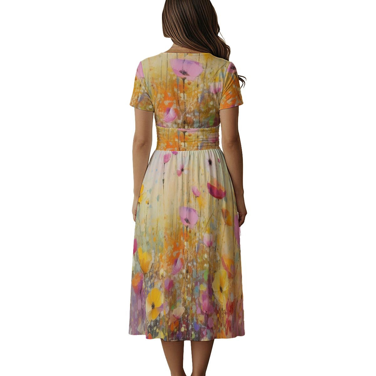 Women's Short Sleeve V Neck Midi Dress
