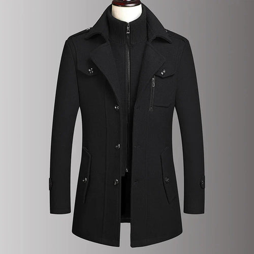 Men's Double Collar Wool Business Coat Winter (Black)