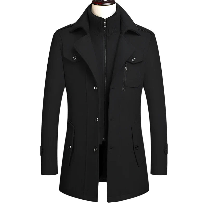 Men's Double Collar Wool Business Coat Winter (Black)